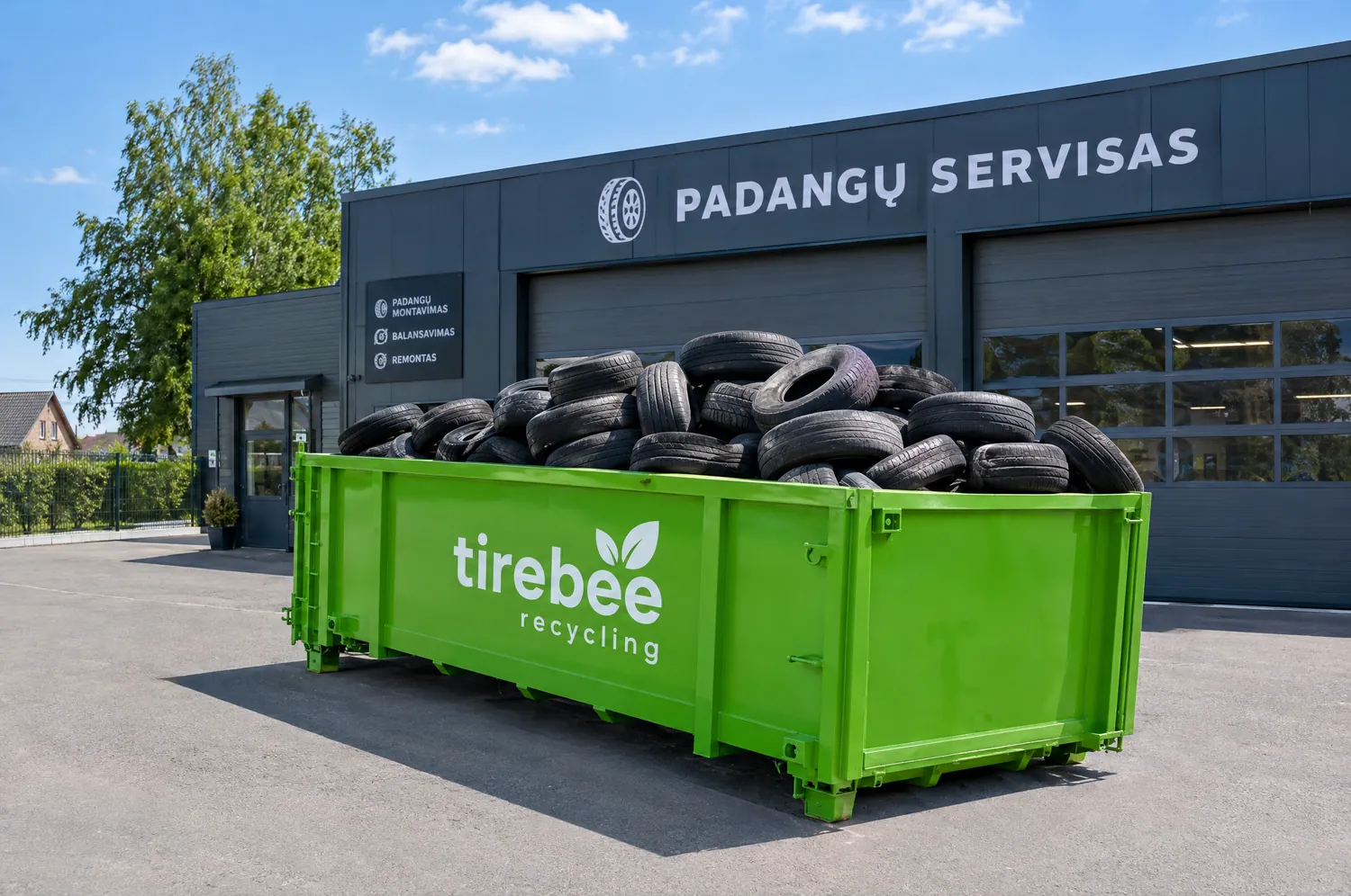 Žalias konteineris su naudotomis padangomis prie padangų serviso